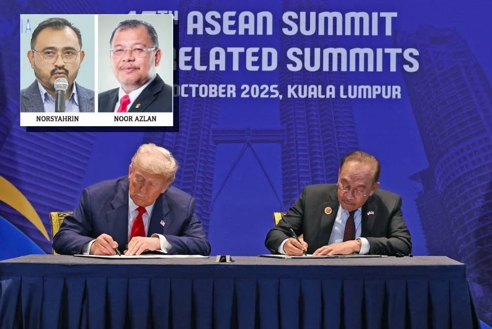 Anwar (kanan) dan Trump ketika menandatangani dokumen Perjanjian Perdagangan
Timbal Balas Malaysia-AS di Kuala Lumpur pada Ahad. Foto Bernama (Gambar kecil: Nursyahrin (kiri), Noor Azlan