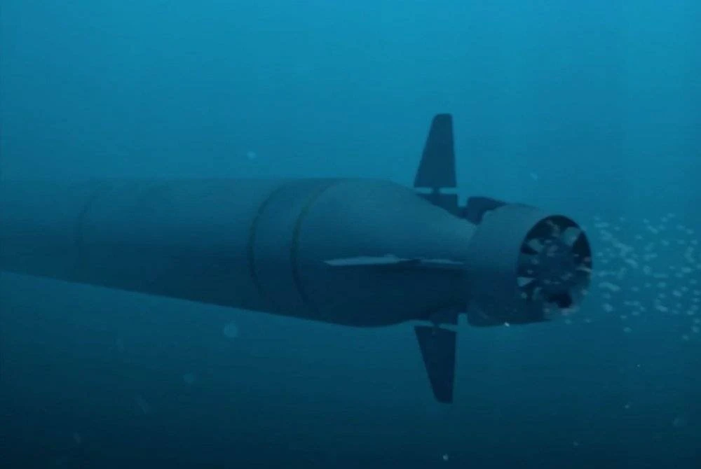 Gambar statik yang diambil daripada animasi Kementerian Pertahanan Rusia, yang didakwa menunjukkan torpedo-drone Poseidon.