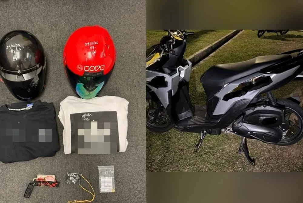 Antara barangan yang dirampas. Motosikal yang disyaki digunakan dalam kejadian tersebut. - Foto: IPD Iskandar Puteri