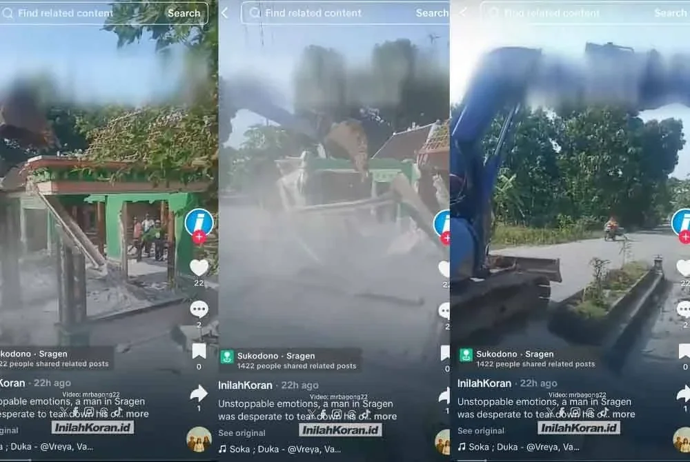 Jengkaut dikendalikan lelaki berkenaan sedang meruntuhkan rumahnya sedikit demi sedikit hingga akhirnya menjadi rata dengan tanah.