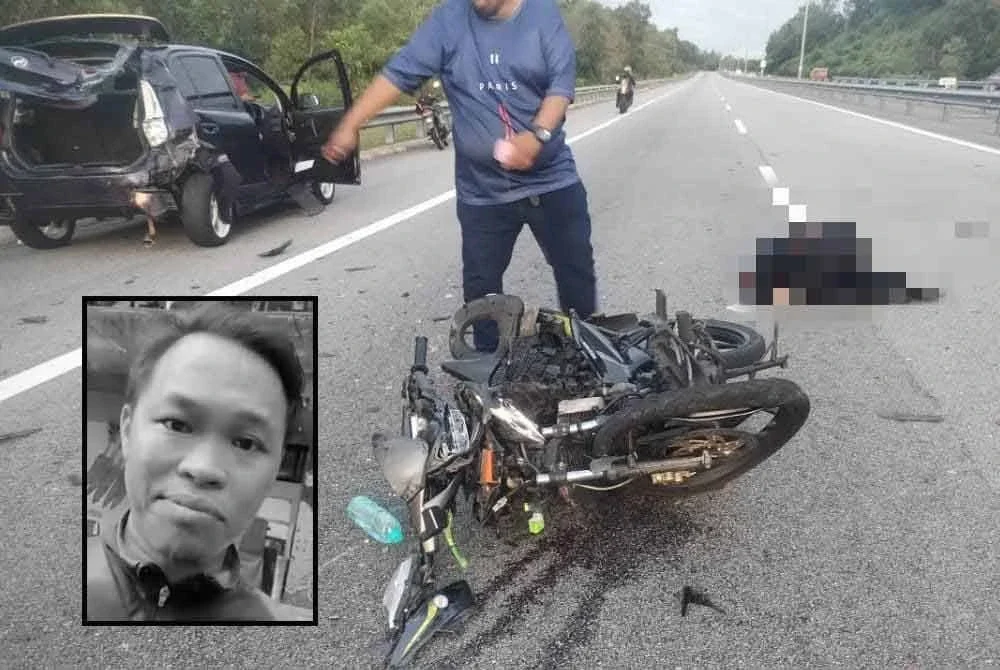 Kemalangan di Kilometer (KM) 41.5 Lebuhraya LEKAS, 21 Oktober lalu yang membabitkan motosikal dan Perodua Myvi meragut nyawa suami Nur Syazatul Ainaa. Gambar kecil: Ahmad Fadzhil