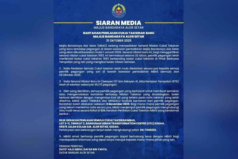 Siaran media yang dikeluarkan oleh MBAS bagi menjawab kebimbangan semua pemilik pegangan di dalam kawasan pentadbirannya pada Jumaat.