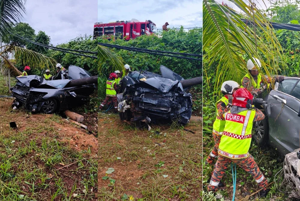 Kereta dinaiki mangsa dihempap tiang elektrik dalam kejadian kemalangan di Jalan Lenggong–Kuala Kangsar, Kampung Kelantan pada Sabtu.