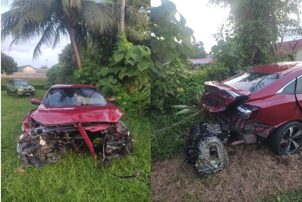 Keadaan kereta jenis Honda Civic yang dinaiki enam warga Myanmar terlibat kemalangan di Kilometer 388.8 LPT2 pada Ahad sebelum kesemua mereka ditahan polis.