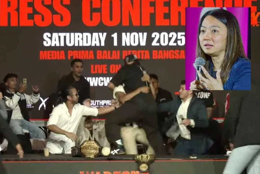 Tangkap layar kekecohan semasa sidang media memperkenalkan petarung yang akan menyertai International Influencer Super Lightweight Champion WWC pada Sabtu lalu. Gambar kecil: Hannah