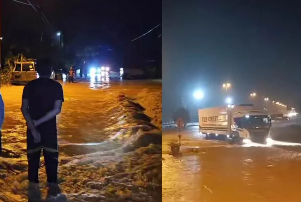 Hujan lebat berterusan lebih dua jam menyebabkan beberapa jalan utama di bandar Gua Musang dilanda banjir. Foto Pembaca