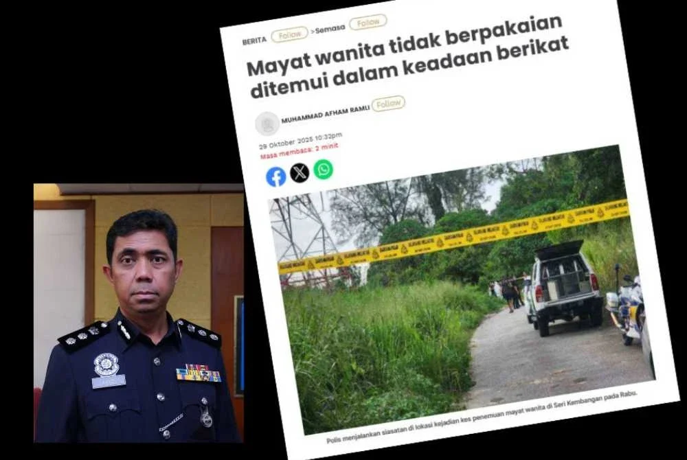 Laporan Sinar Harian berhubung mayat wanita tidak berpakaian ditemui dalam keadaan berikat. - Muhamad Farid (gambar kecil)