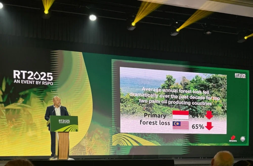 Pengerusi Lembaga Minyak Sawit Malaysia (MPOB) yang juga Pengarah Urusan Kumpulan SD Guthrie, Datuk Mohamad Helmy Othman Basha, ketika berucap pada Persidangan Meja Bulat Ke-25 Minyak Sawit Lestari (RSPO RT25) di Hotel Shangri-La Kuala Lumpur, pada Isnin.