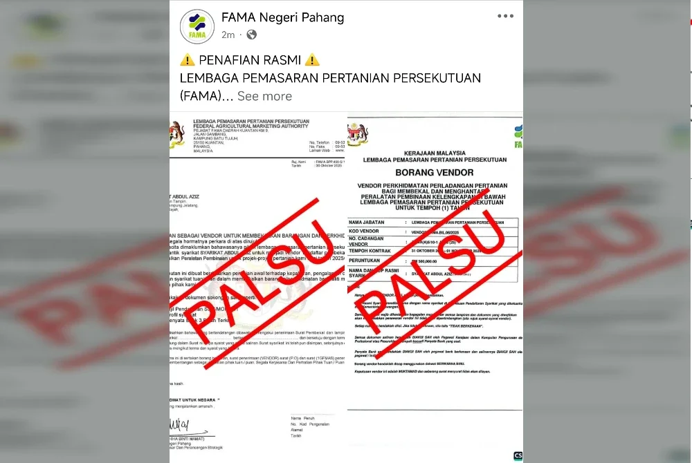 Tangkap layar kenyataan FAMA Pahang yang menafikan kewujudan surat pelantikan vendor menggunakan nama, logo dan tandatangan ketua pengarah agensi itu seperti yang tular di media sosial.