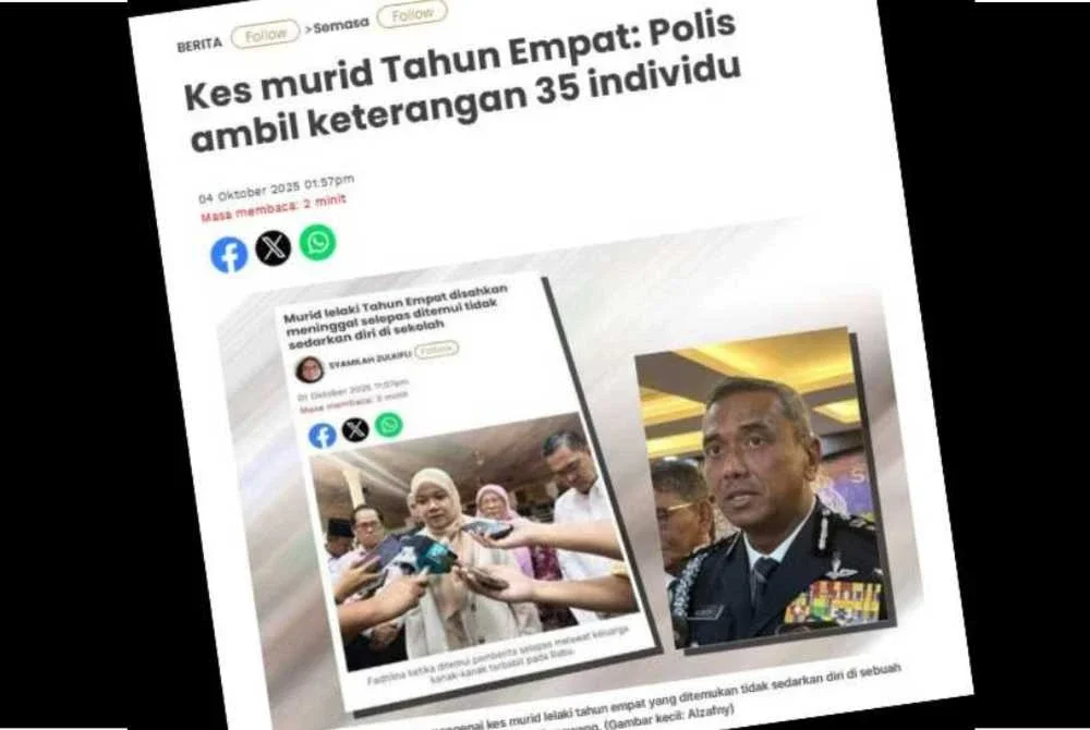 Laporan Sinar Harian berhubung kes kematian murid Tahun Empat di dalam tandas sekolah di Senawang