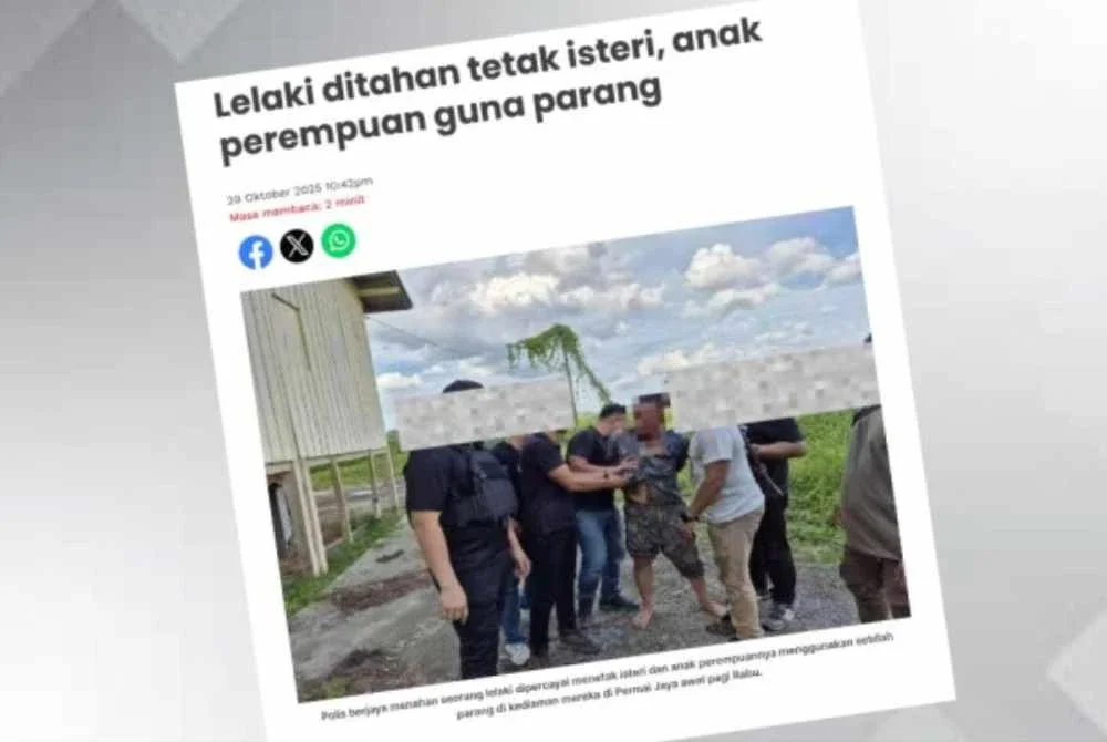 Laporan Sinar Harian pada Rabu mengenai lelaki ditahan tetak isteri dan anak menggunakan parang.