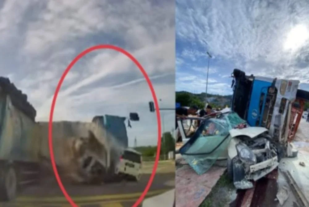 Sebuah lori tanah yang hilang kawalan semasa menuruni jalan berbukit menyebabkan rempuhan tiga kenderaan lain di lampu isyarat.