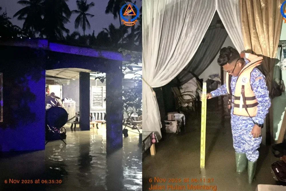 Antara rumah yang terjejas banjir akibat benteng penahan air laut di kawasan berkenaan pecah ketika air pasang awal pagi Khamis.