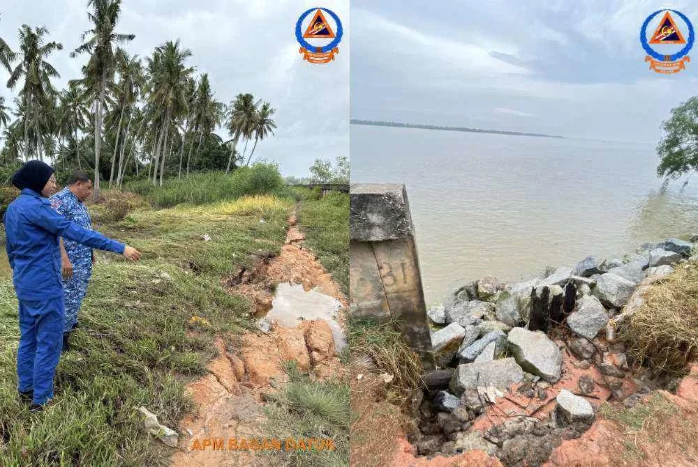 Keadaan benteng penahan air laut di kawasan berkenaan pecah ketika air pasang awal pagi Khamis.