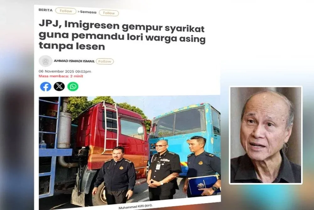 Laporan Sinar Harian mengenai JPJ dan imigresen gempur syarikat guna pemandu lori warga asing tanpa lesen. Gambar kecil: Lam Thye