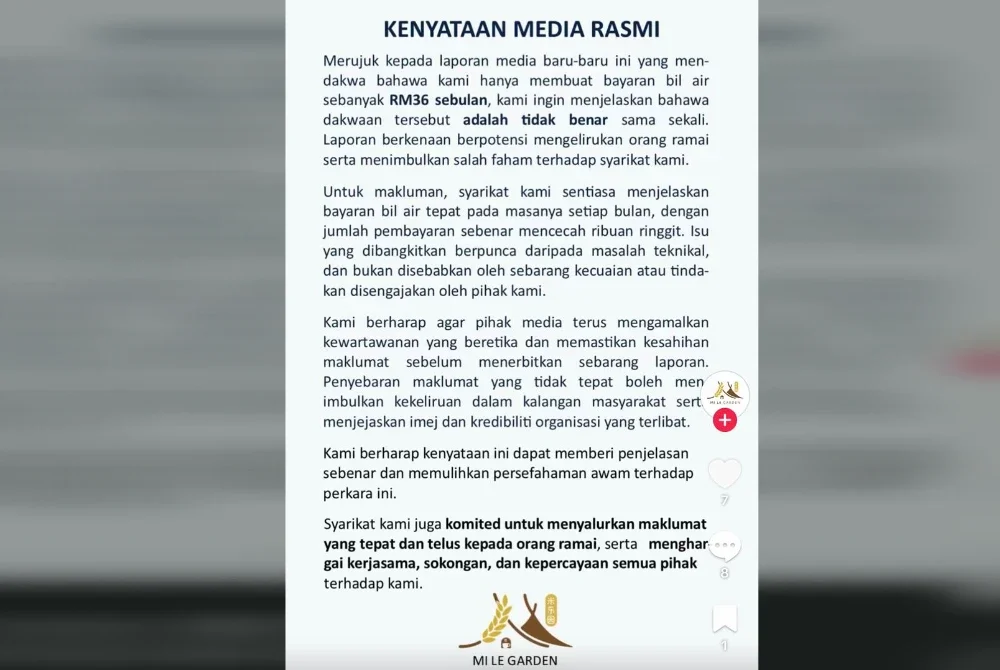 Kenyataan media Mi Le Garden pada Jumaat.