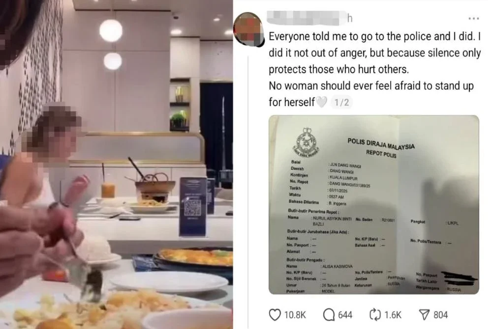 Tangkap layar video yang tular dan laporan polis yang dimuat naik wanita warga Rusia terbabit di akaun media sosial miliknya.