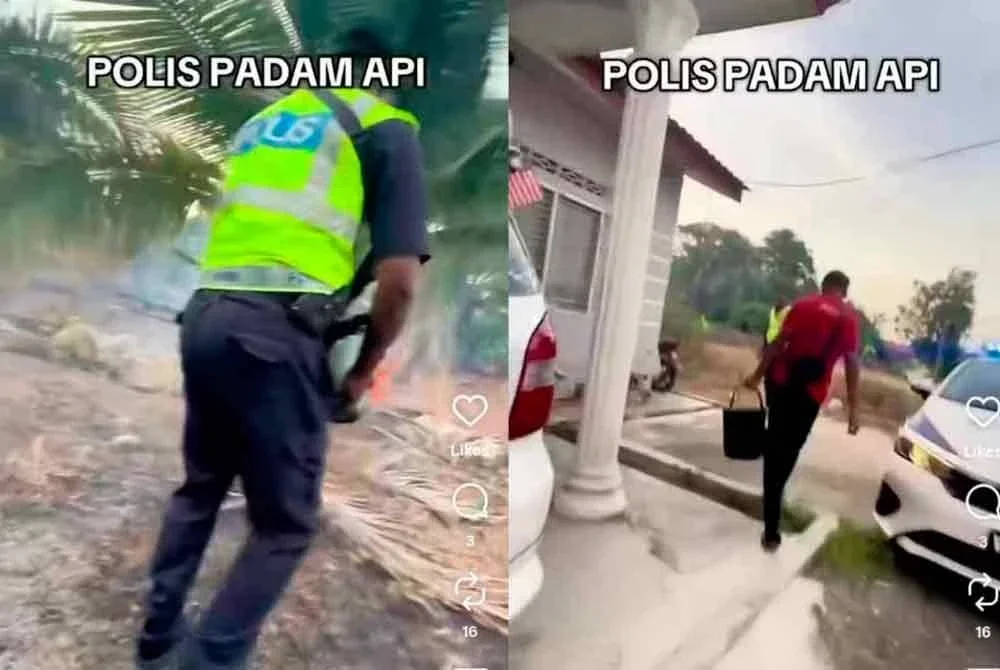 Antara anggota polis yang membantu memadamkan kebakaran di belukar berhampiran kawasan perumahan di Sungai Buloh baru-baru ini.