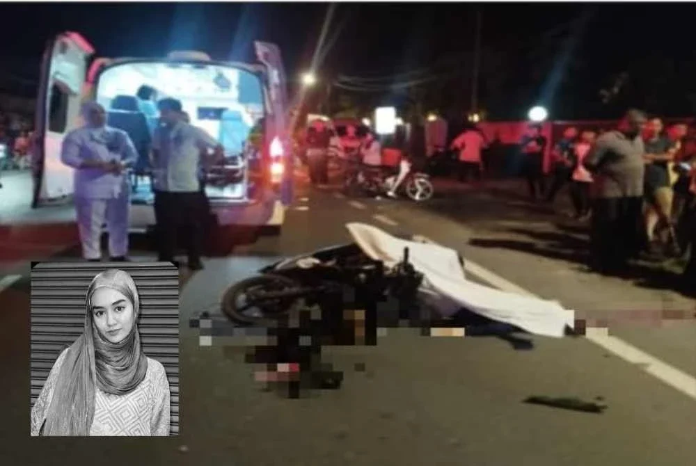 Seorang peniaga tudung maut dalam kemalangan di Jalan Ulu Melaka, Langkawi selepas motosikal ditungganginya terbabas ketika cuba mengelak lembu melintas. Gambar kecil: Siti Sarah Hana