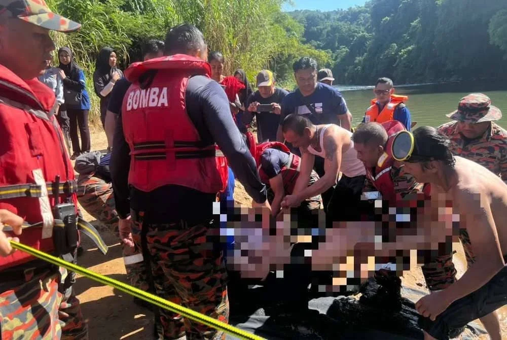 Mayat mangsa ditemui pasukan PPDA bomba selepas dilaporkan lemas di sungai di Kampung Kimonsi kampung botung, Tamparuli, Tuaran.