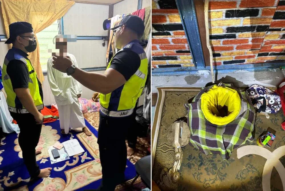 Pegawai penguat kuasa JAIP melakukan pemeriksaan ke atas individu yang ditahan dalam serbuan ke atas gudang perabot yang dijadikan tempat tinggal di Kampung Sungai Putat, di Pulau Tawar, Jerantut, Jumaat lalu. FOTO JAIP