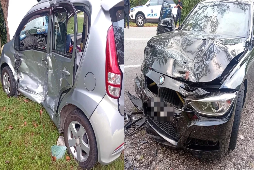 Keadaan kenderaan selepas terbabit kemalangan dengan sebuah kereta lain berhampiran SK Desa Bakti, Mentakab pada Ahad. FOTO JBPM PAHANG