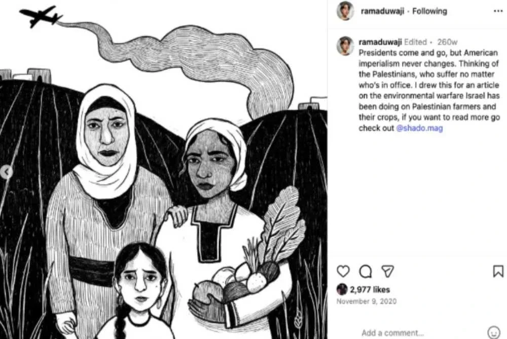 Rama Duwaji mengkritik imperialisme Amerika melalui beberapa lukisan berani.- Agensi