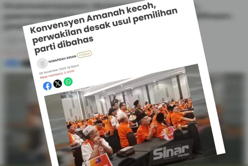 Keratan berita Sinar Harian mengenai kekecohan Konvensyen Amanah.