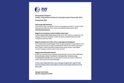 Kenyataan Zus Coffee pada Rabu.