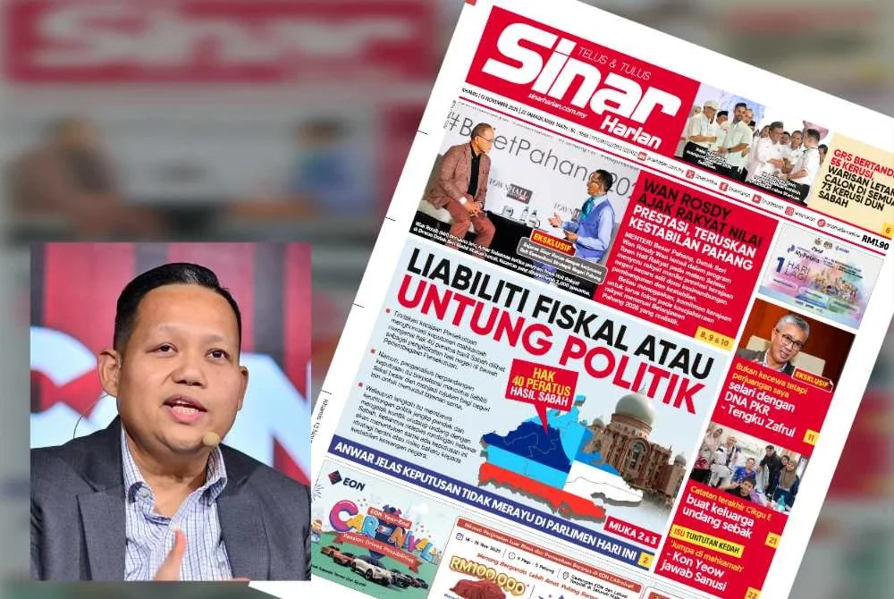 Laporan muka depan Sinar Harian pada Khamis. Gambar kecil: Mujibu