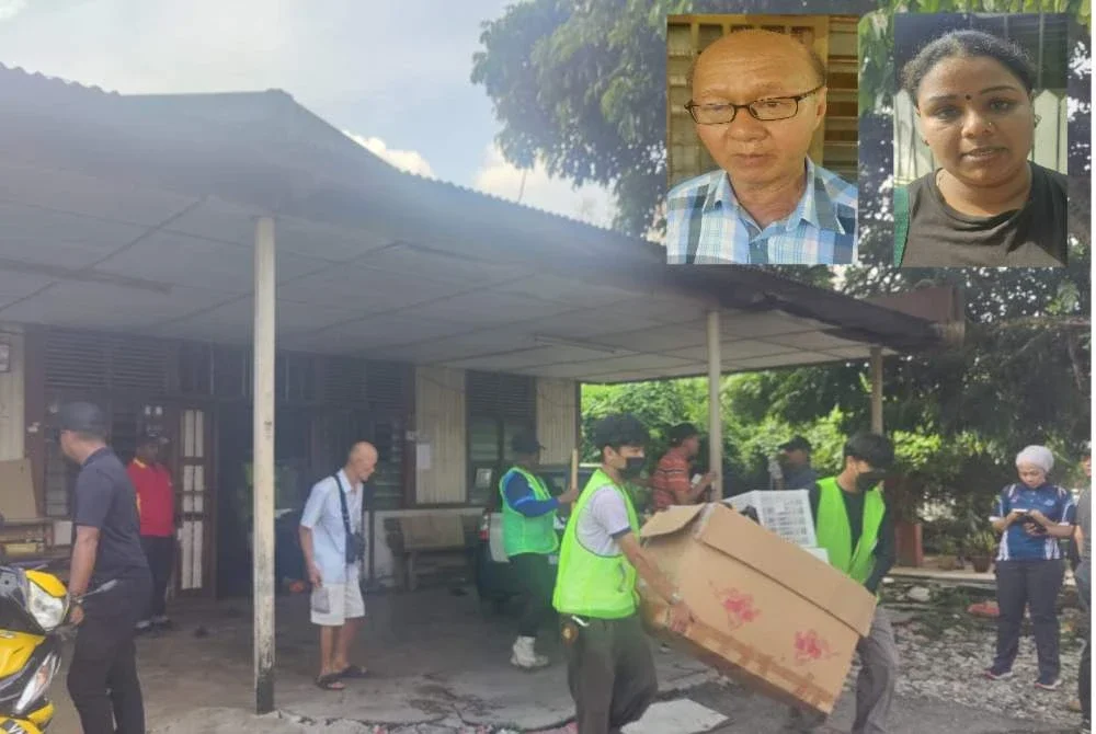 Kerja-kerja mengosongkan barangan dilakukan sebelum rumah penduduk dirobohkan pada Khamis. Gambar kecil: Dari kiri Tuan Huat, Harina.
