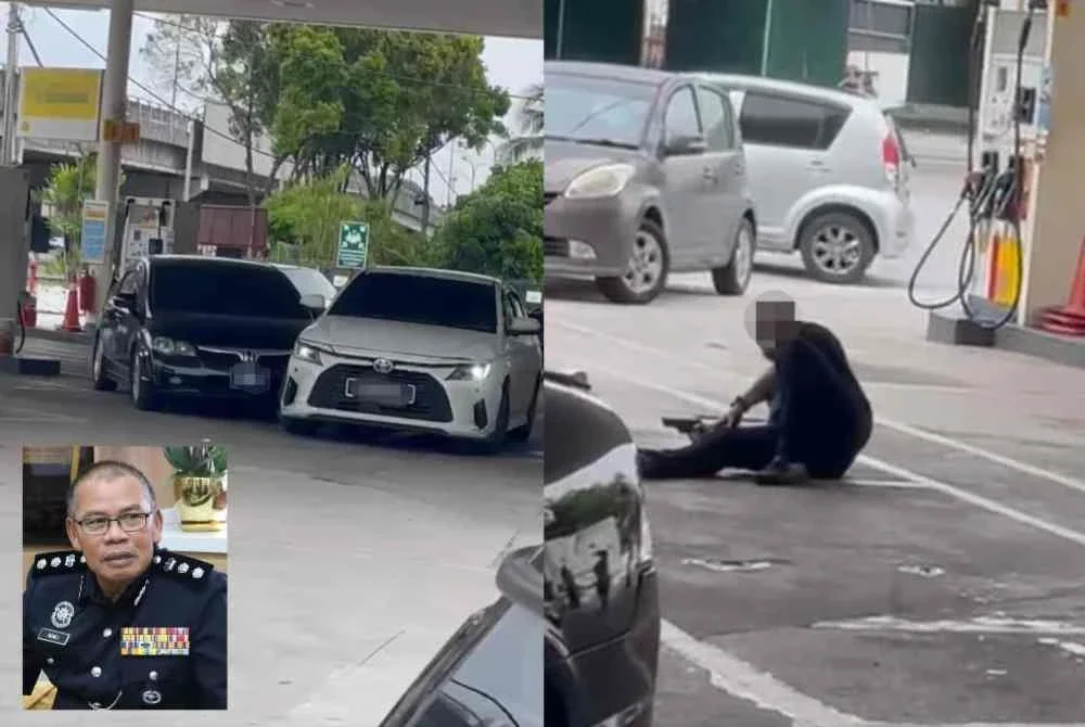 Seorang anggota polis cedera ketika hendak membuat tangkapan terhadap suspek kes samun yang menaiki kereta Toyota Vios berwarna putih di sebuah stesen minyak di Klang. Foto tular media sosial (Gambar kecil: Ramli)