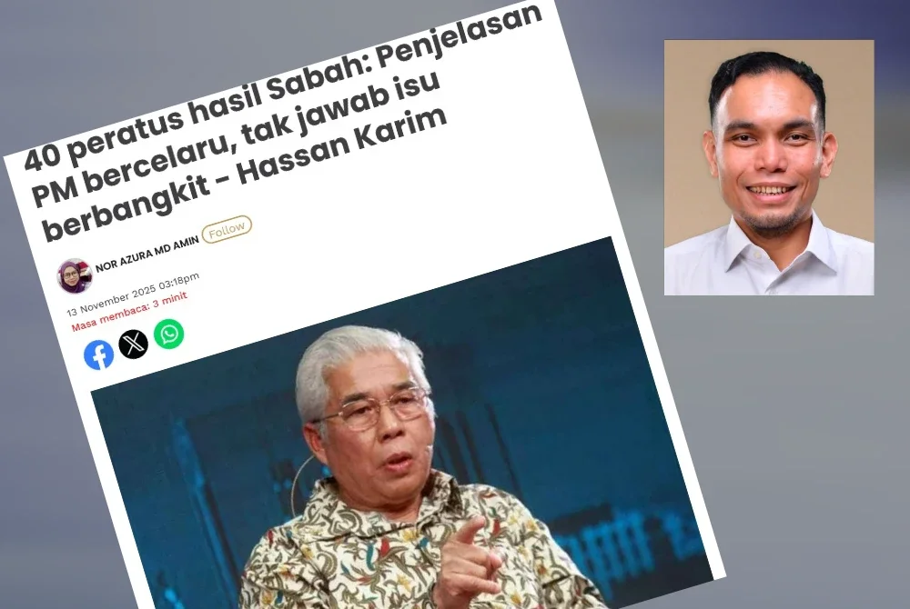 Laporan Sinar Harian mengenai kenyataan Ahli Parlimen Pasir Gudang, Hassan Abdul Karim berhubung keputusan kerajaan tidak merayu kes tuntutan 40 peratus hasil bersih kepada Sabah. Gambar kecil: Syahredzan