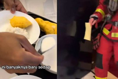 Tangkap layar video TikTok milik @faroy menunjukkan durian sedang dinikmati dan anggota bomba yang datang ke pangsapuri didiami. 