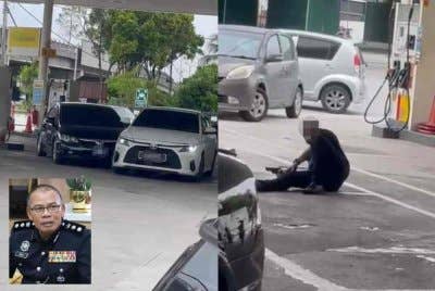 Seorang anggota polis cedera ketika hendak membuat tangkapan terhadap suspek kes samun yang menaiki kereta Toyota Vios berwarna putih di sebuah stesen minyak di Klang. Foto tular media sosial (Gambar kecil: Ramli)