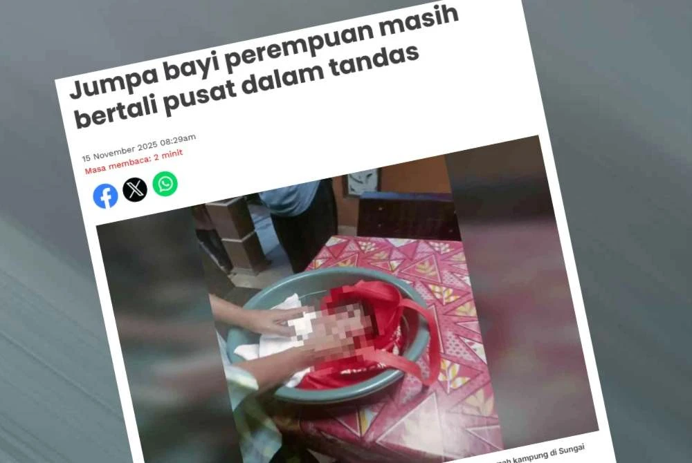 Laporan Sinar Harian mengenai penemuan bayi perempuan di sebuah tandas di rumah kampung dekat kawasan Sungai Dua pada pagi Khamis.