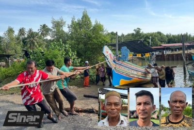 Tenaga yang dikerah beramai-ramai untuk menarik perahu kolek. Gambar kecil dari kiri, Zakaria, Nik Ruzullaili dan Azmi - Foto: SINAR HARIAN/ADILA SHARINNI WAHID