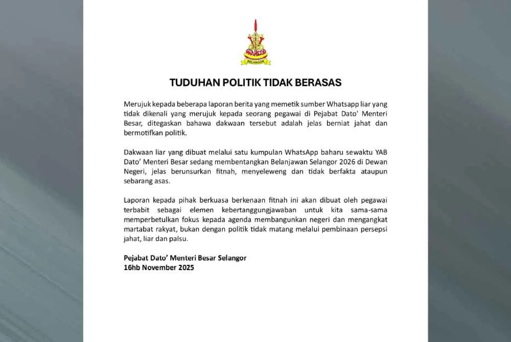 Kenyataan media Pejabat MB Selangor pada Ahad.