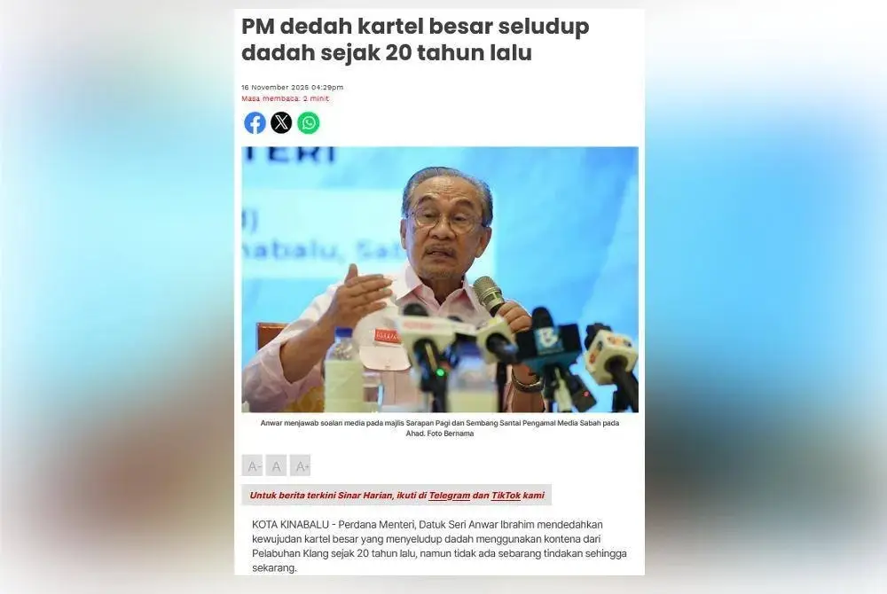 Laporan Sinar Harian berhubung pendedahan Anwar mengenai kewujudan kartel besar yang menyeludup dadah menggunakan kontena dari Pelabuhan Klang sejak 20 tahun lalu.