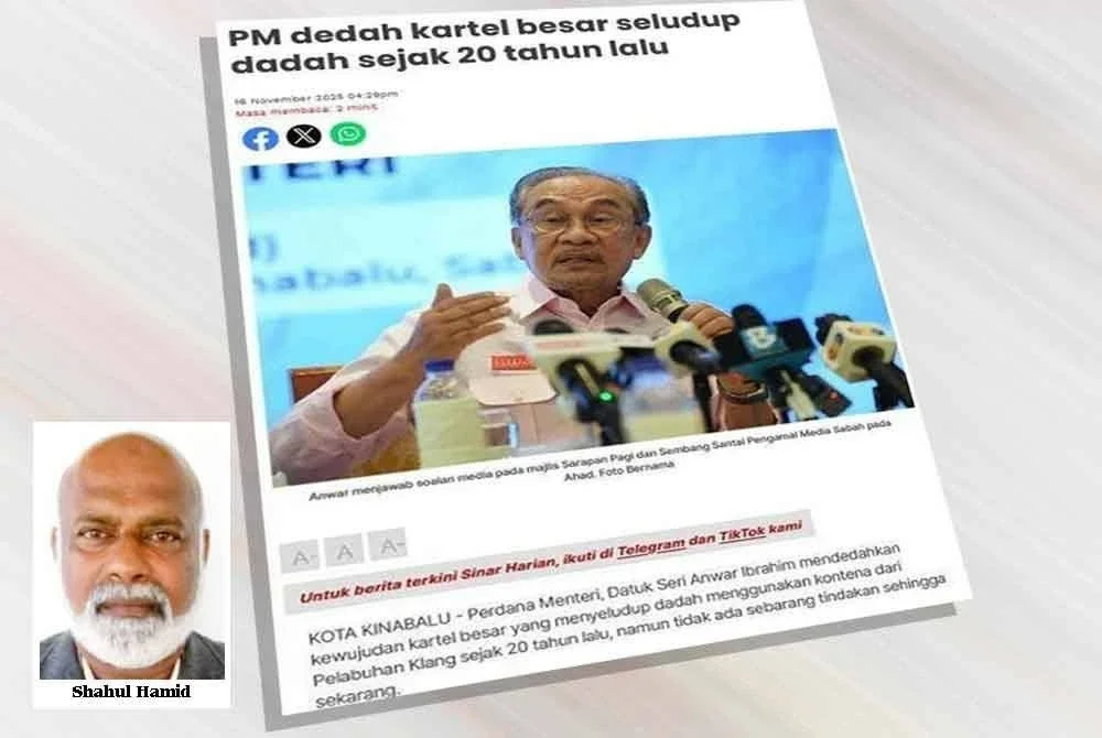 Laporan Sinar Harian berhubung pendedahan Anwar mengenai kewujudan kartel besar yang menyeludup dadah menggunakan kontena dari Pelabuhan Klang sejak 20 tahun lalu.