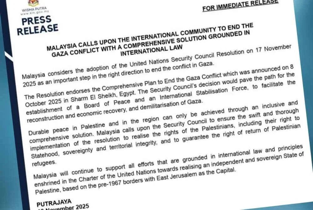 Kenyataan Wisma Putra menyokong segala usaha berlandaskan undang-undang antarabangsa dan prinsip yang termaktub dalam Piagam PBB berkaitan Palestin.