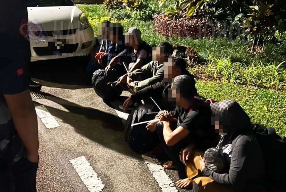 Tujuh warga asing ditahan kerana tidak memiliki dokumen perjalanan yang sah di di pesisir pantai Forest City, Tanjung Kupang pada Isnin.