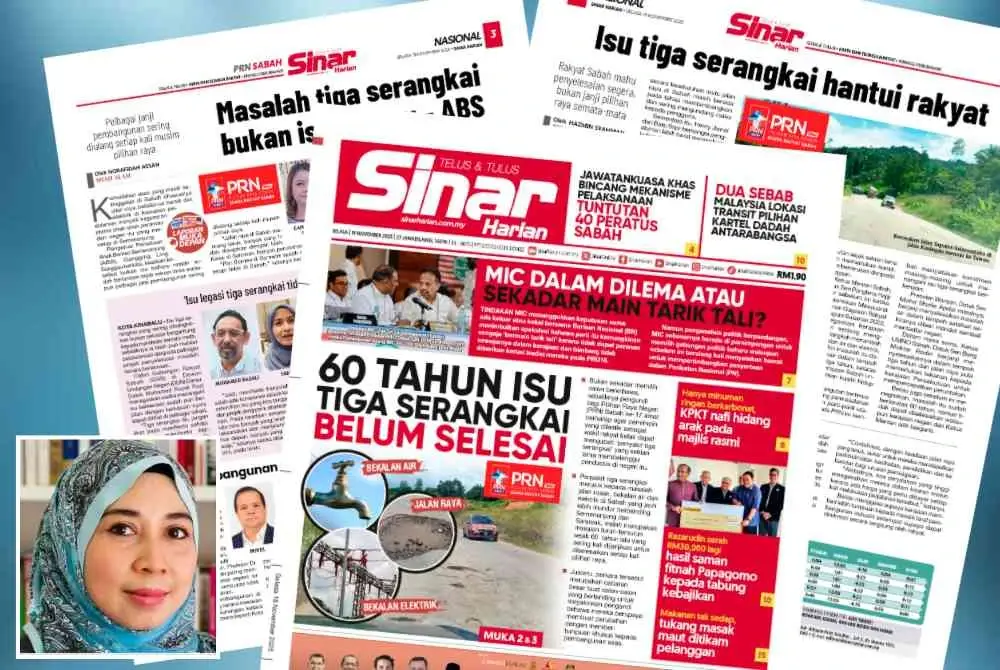 Laporan Sinar Harian pada Selasa mengenai isu tiga serangkai menghantui rakyat Sabah. Gambar kecil: Kartini