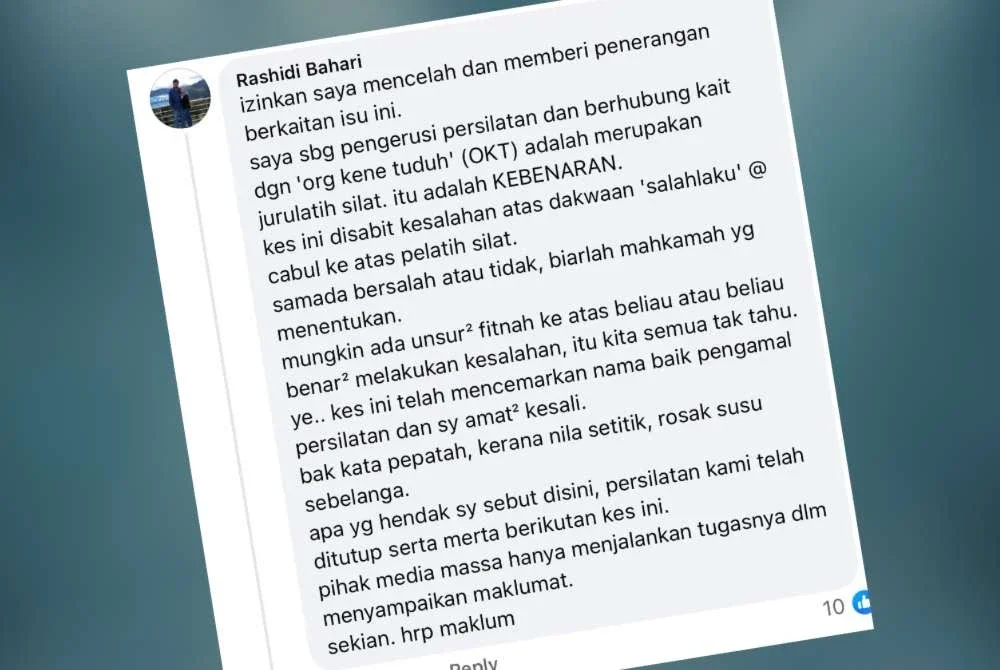 Penjelasan Rashidi berhubung kes cabul membabitkan guru silat di bawah persatuannya.
