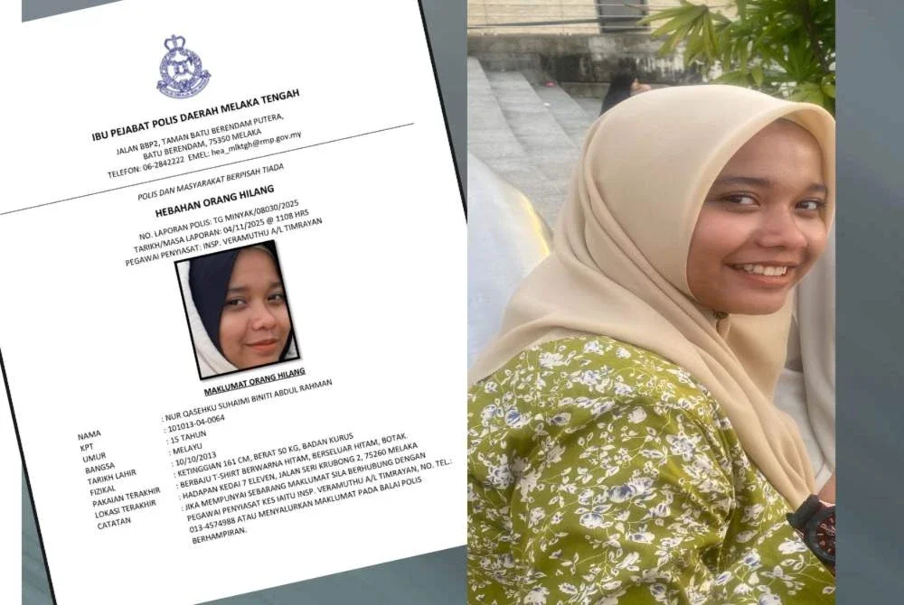 Polis meminta bantuan orang awam untuk mengesan seorang remaja perempuan, Nur Qasehku Suhaimi, 15, yang dilaporkan hilang lebih sebulan lalu.