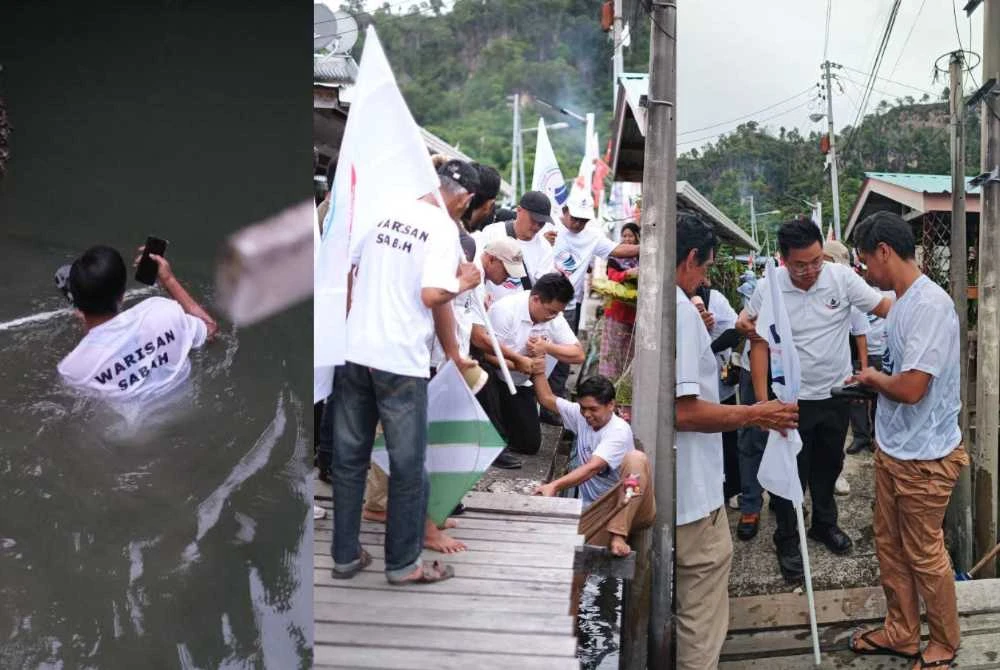 Lelaki terbabit kelihatan basah kuyup akibat terjatuh ke laut sebelum berjaya naik semula ke atas jambatan.