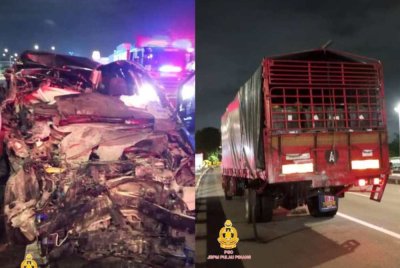 Keadaan kereta yang dinaikini kedua-dua mangsa dan lori buah yang terlibat dalam kemalangan di R&R Juru pada Rabu.