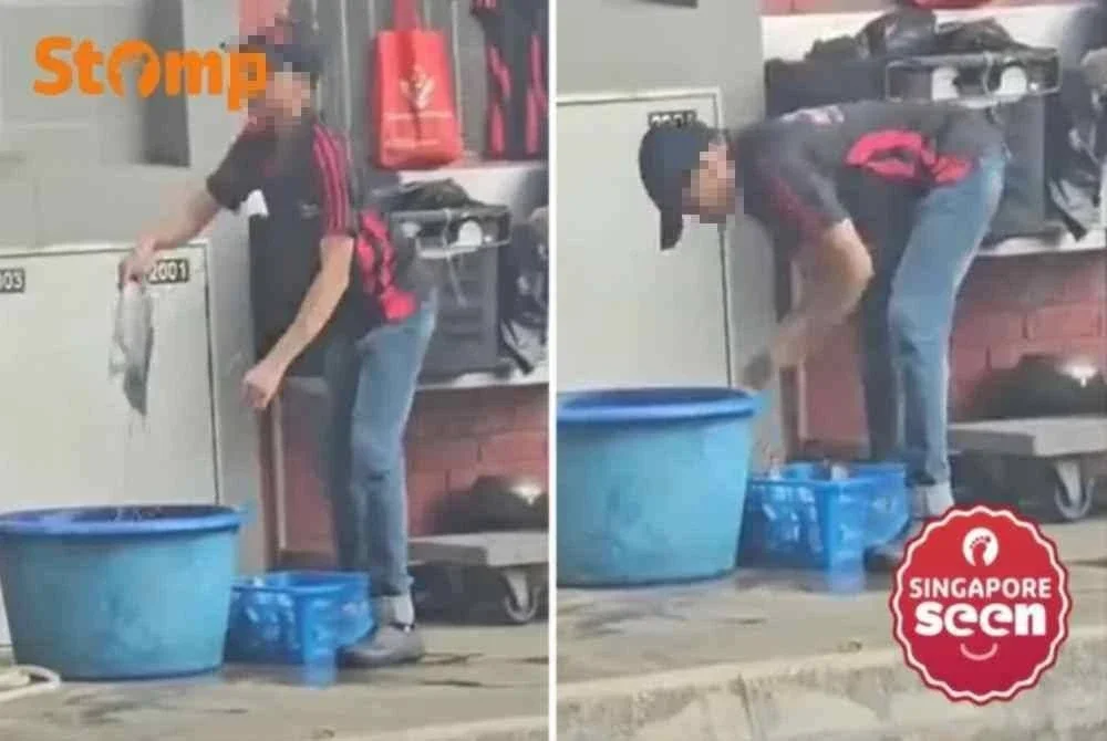 Seorang pekerja membersihkan ikan dekat saluran sampah. - Foto Stomp