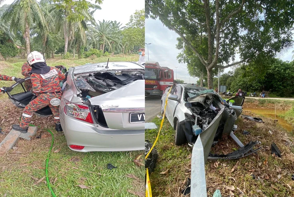 Sepasang suami isteri warga emas maut selepas kereta dipandu anak mereka terbabas dan melanggar penghadang jalan di Lebuh AMJ Sungai Rambai, Jasin pada Sabtu. Foto JBPM
