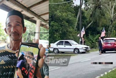 Adnan menunjukkan gambar arwah anak bongsunya, Muhammad Izhar yang maut akibat dirempuh kereta ketika menunggang basikal di Kampung Sedaka Tengah pada Sabtu.
